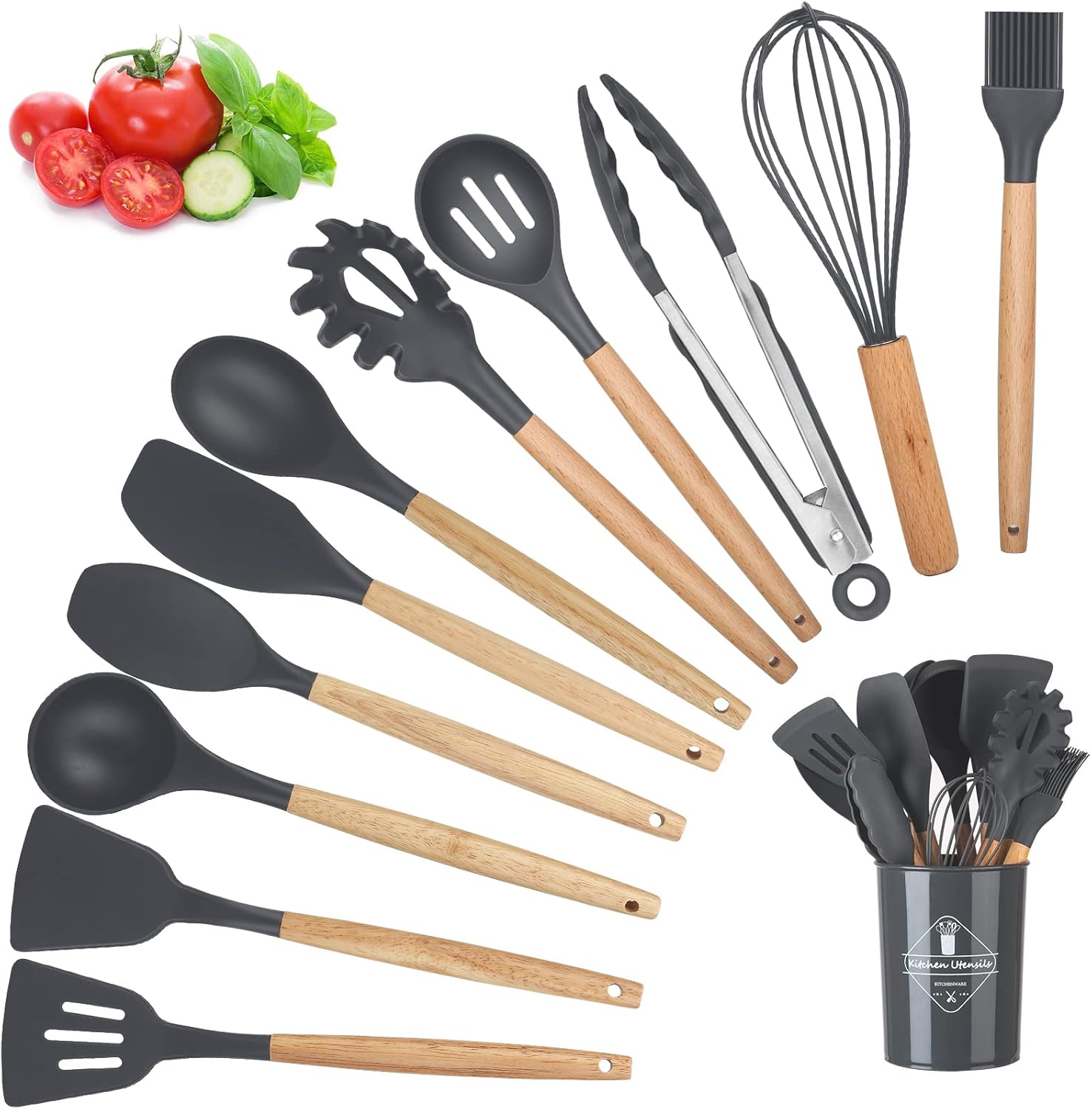 Utensili da Cucina Accessori, 12 PCS Set Mestoli Cucina, Utensili Cucina Antigraffio con Contenitore e Manico in Legno Senza BPA con Spatole/Spatola/Cucchiaio/Frusta/Pennello/Mestolo/Paletta
