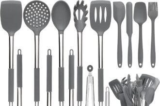Set di 15 utensili da cucina in silicone, resistenti al calore, con manici in acciaio inossidabile di alta qualità, per cucinare e cuocere, spatole antiaderenti, utensili da cucina (grigio)