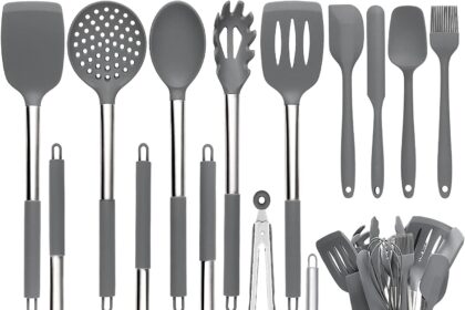 Set di 15 utensili da cucina in silicone, resistenti al calore, con manici in acciaio inossidabile di alta qualità, per cucinare e cuocere, spatole antiaderenti, utensili da cucina (grigio)