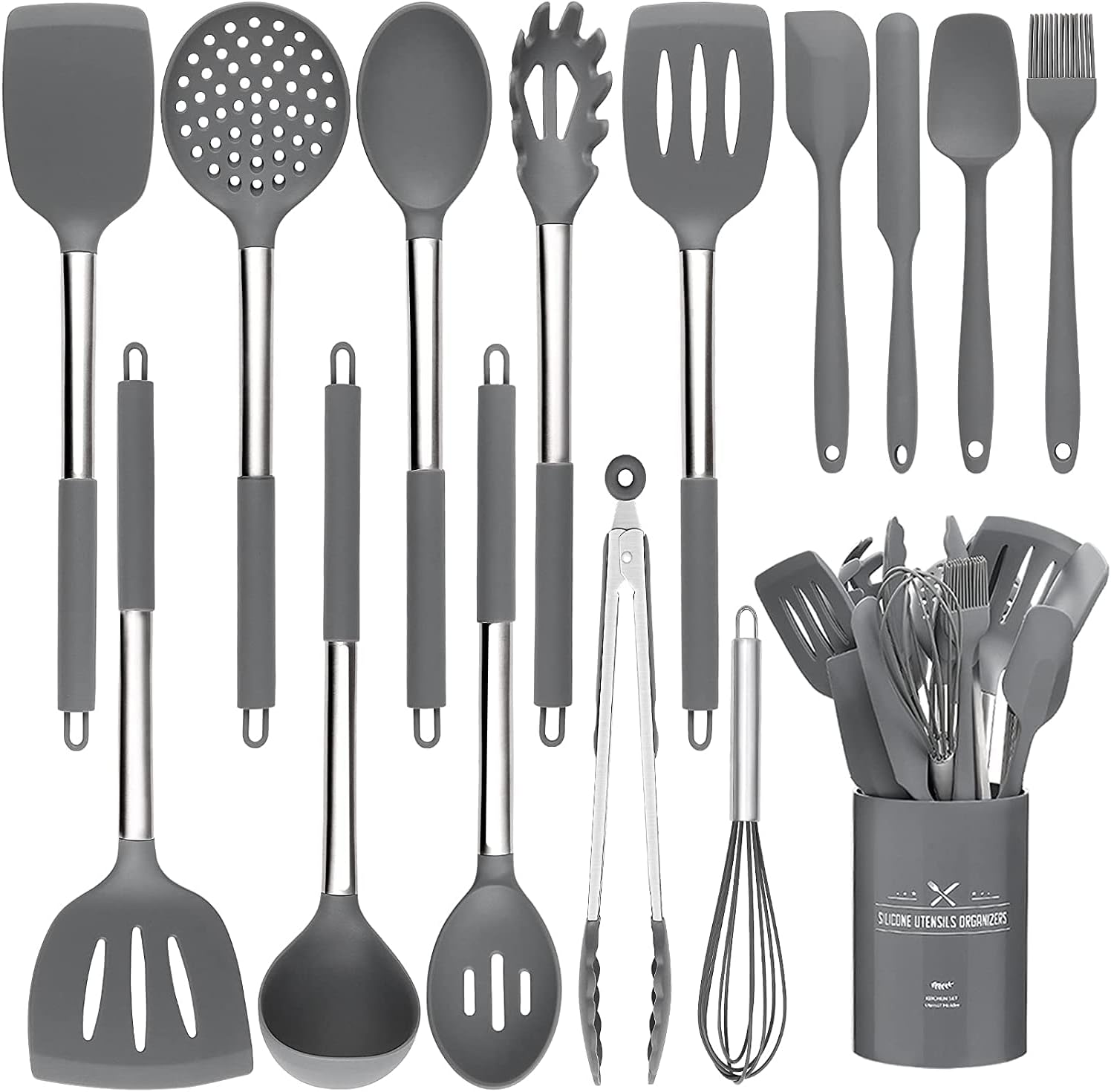 Set di 15 utensili da cucina in silicone, resistenti al calore, con manici in acciaio inossidabile di alta qualità, per cucinare e cuocere, spatole antiaderenti, utensili da cucina (grigio)