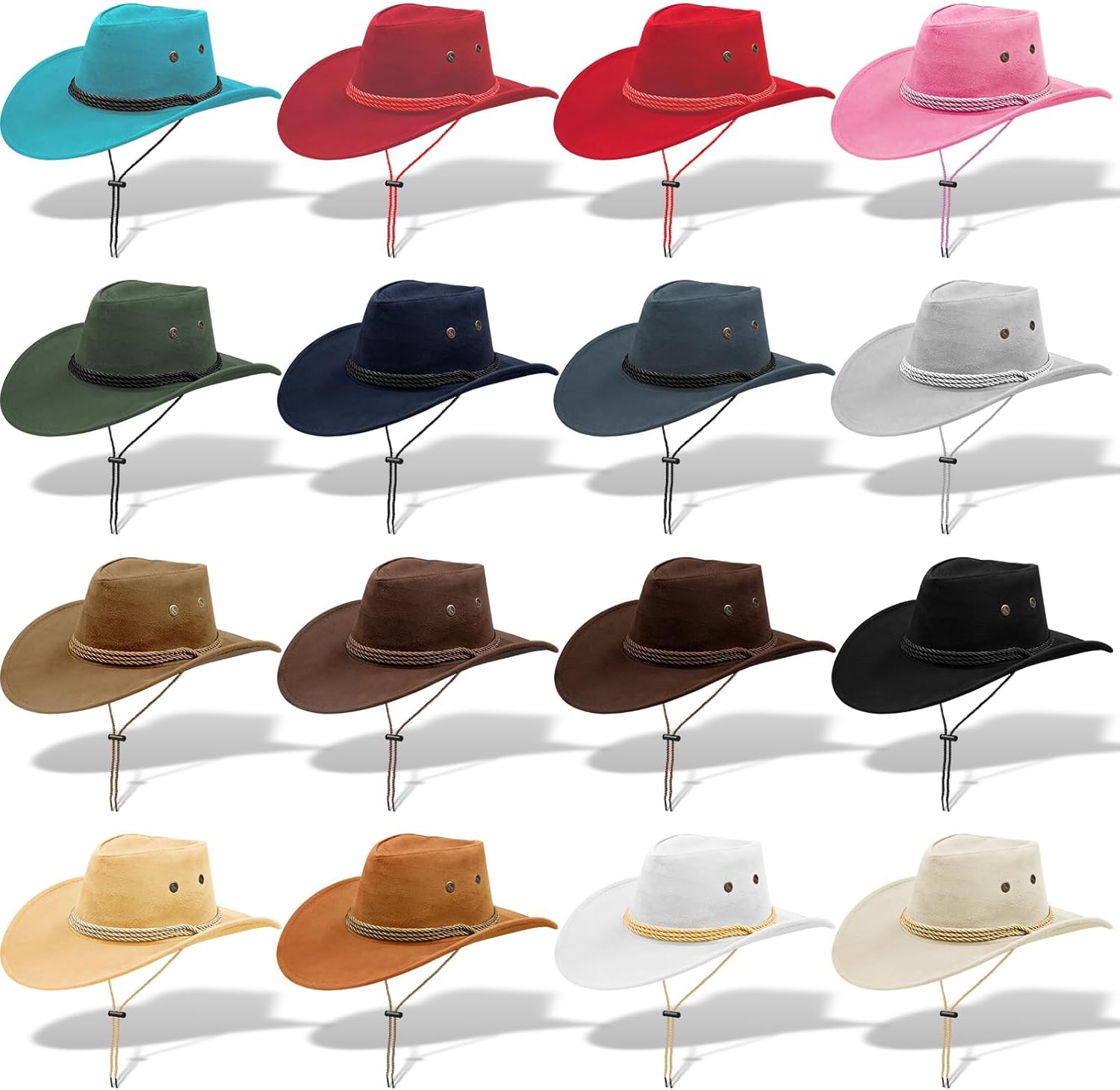 Set di 16 cappelli da cowboy Western per uomo e donna [cappelli da cowboys a tesa larga] – Sottogola regolabile per costume da cowgirl, carnevale, matrimoni country, feste occidentali
