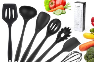 Hippodance Set di Utensili da Cucina in Silicone, Resistente al Calore Antiaderenti Utensili da Cucina Set 10 Pezzi, Antiaderente Strumento di Cottura Termoresistenti Professionali, Nero