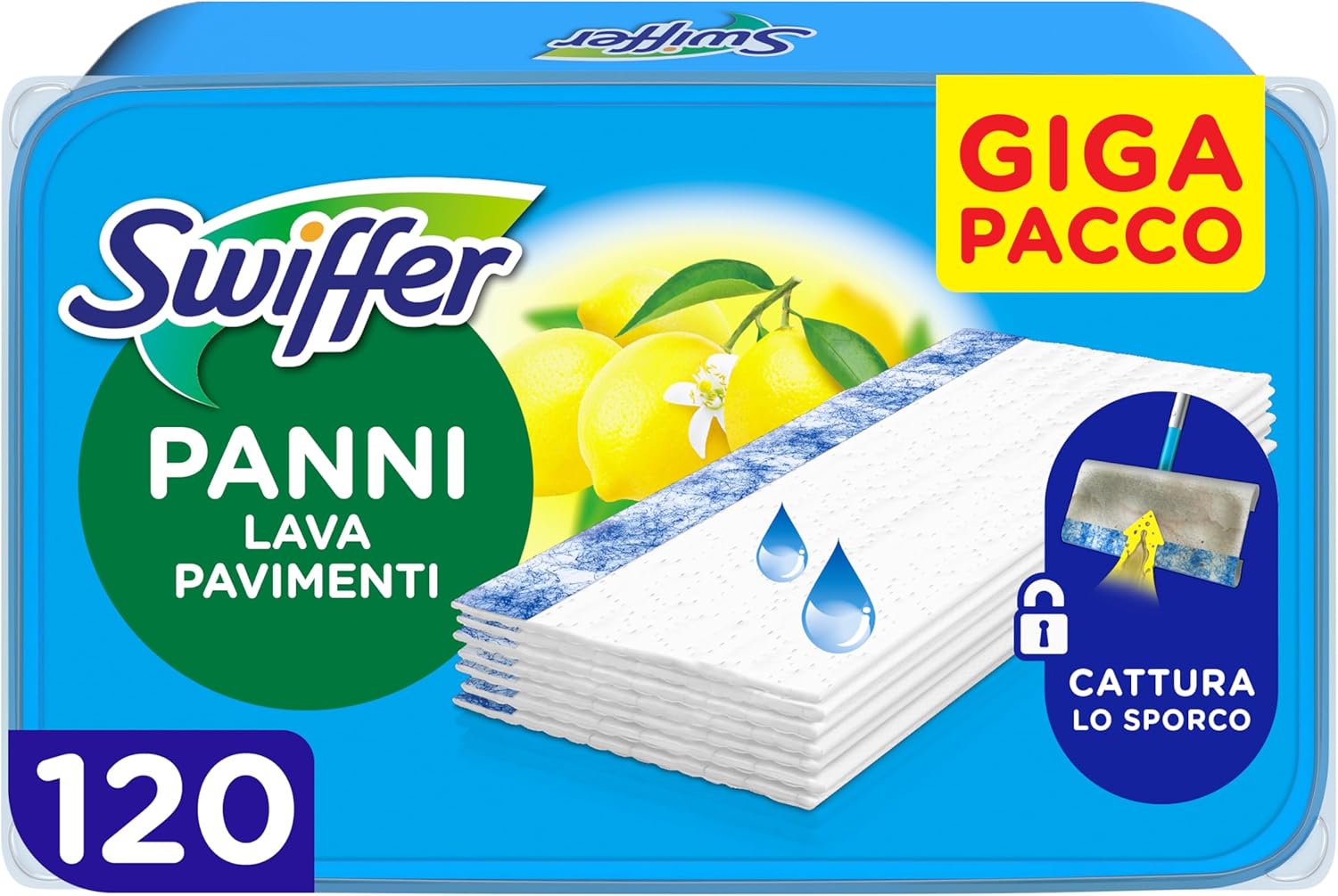 Swiffer Wet Lavapavimenti, 120 Panni Umidi, Limone, Maxi Formato, Lava Pavimenti, Pulizia Igienica Profonda, Rimuove Sporco e Batteri, per Tutti I Tipi di Pavimenti