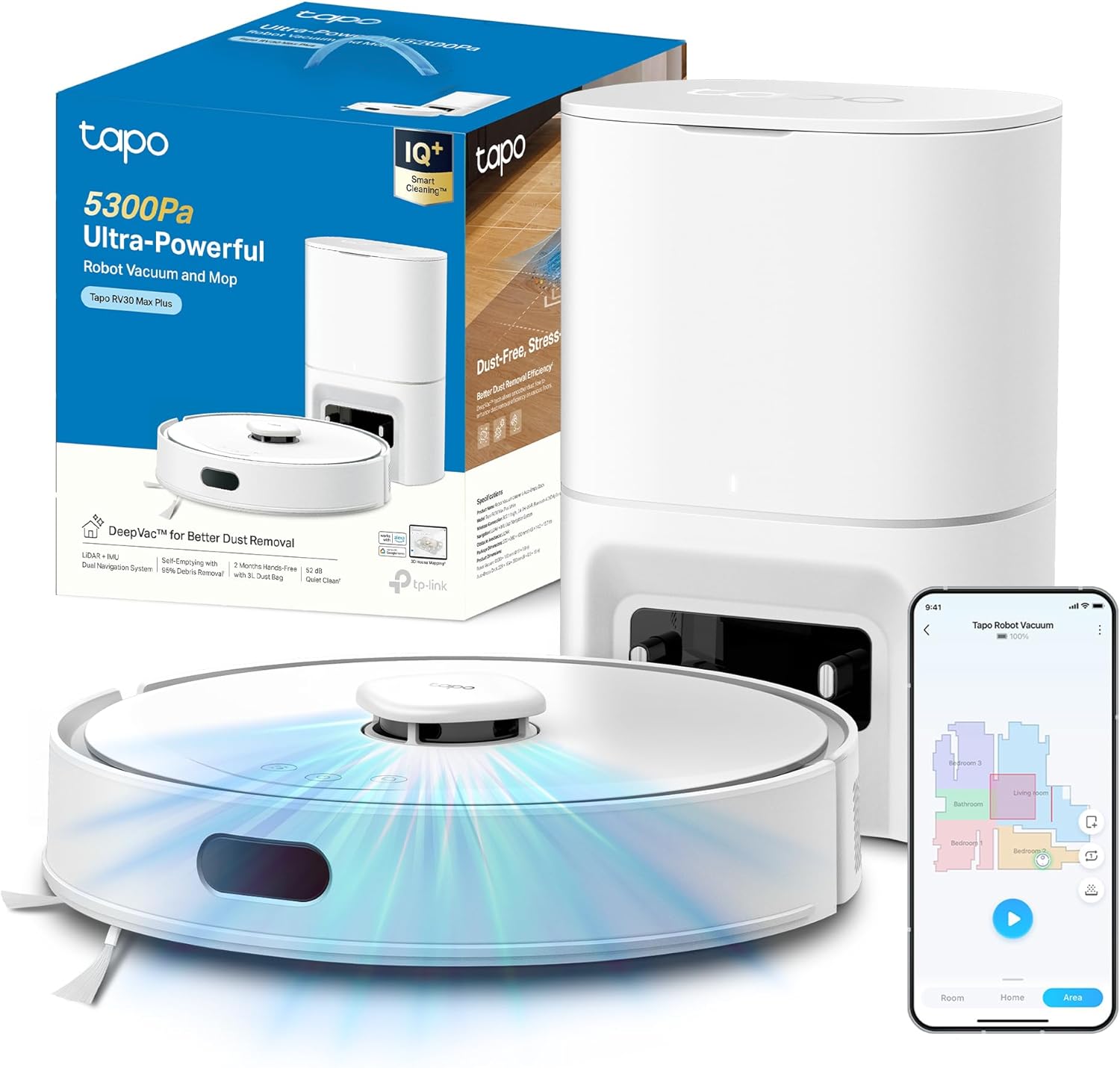 Tapo RV30 Max Plus White Robot Aspirapolvere Lavapavimenti con Mappatura 5300Pa, Svuotamento Automatico Polvere 3L, Doppia Navigazione LiDAR+IMU, Zone No-Go e Muri Virtuali, Controllo APP&Alexa&Google