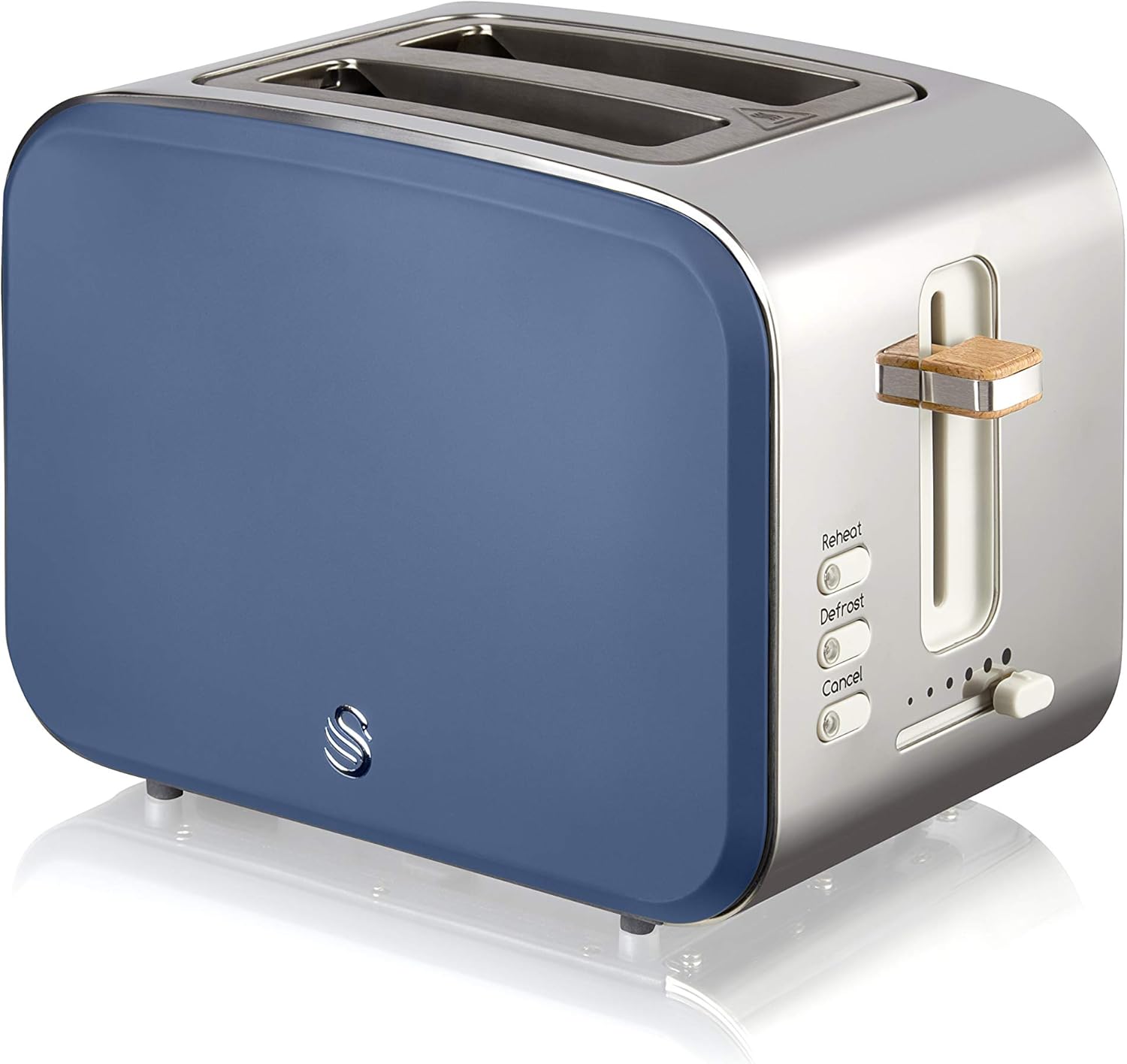 Swan Nordic - Tostapane con slot ampio, 2 fette, 3 funzioni, 6 livelli di tostatura, design moderno in acciaio inox, maniglia effetto legno, blu opaco