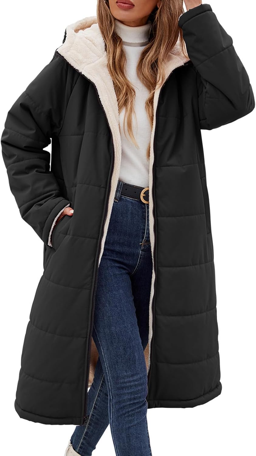 Tuopuda Cappotto Giubbotto Donna Invernale Giacca Cappotti Imbottita Caldo Parka Reversibile Sherpa Fleece Felpa con Cappuccio Giacche Trapuntato Lugghezza Giaccone Outdoor