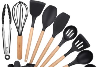 Utensili da Cucina Accessori, 12 PCS Set Mestoli di Cucina, Utensili Cucina Antigraffio con Contenitore e ​Manico in Legno Senza BPA con Spatole/Spatola/Cucchiaio/Frusta/Pennello/Mestolo/Paletta