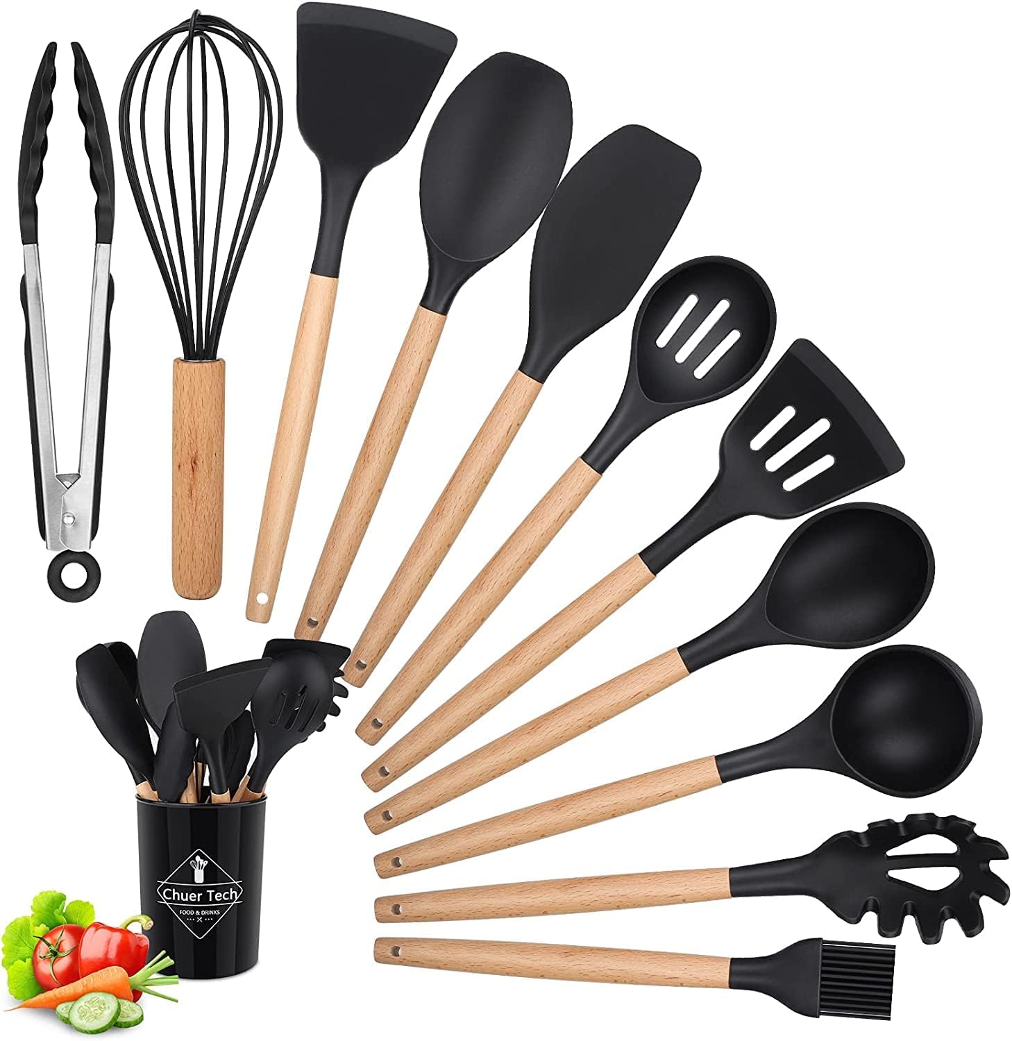Utensili da Cucina Accessori, 12 PCS Set Mestoli di Cucina, Utensili Cucina Antigraffio con Contenitore e ​Manico in Legno Senza BPA con Spatole/Spatola/Cucchiaio/Frusta/Pennello/Mestolo/Paletta