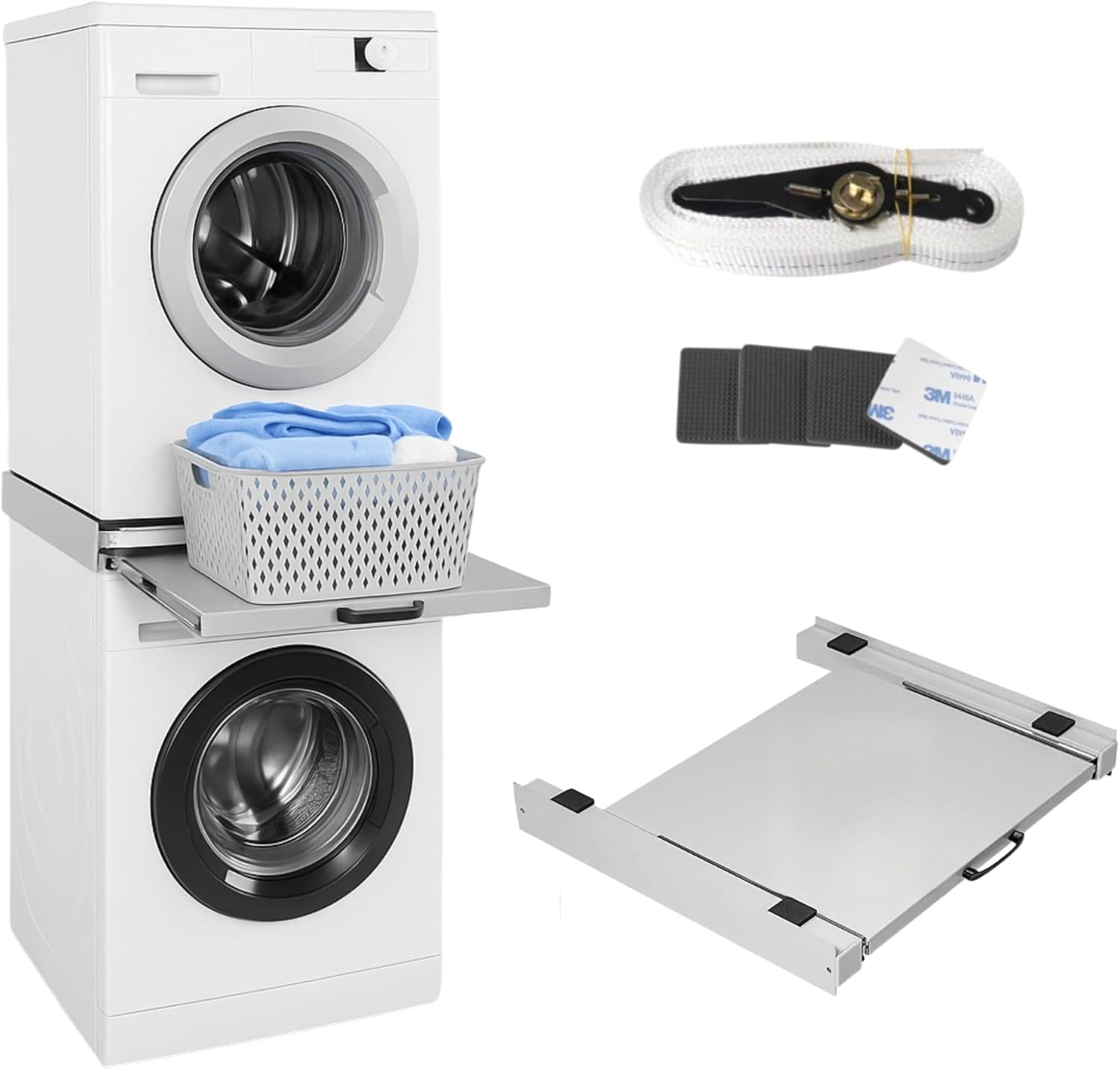 Vonia Lavatrice Asciugatrice Stack Kit - Piano di lavoro allungabile - Distanziatore per lavasciuga - Kit di impilamento per lavasciuga - Universale (Bianco)