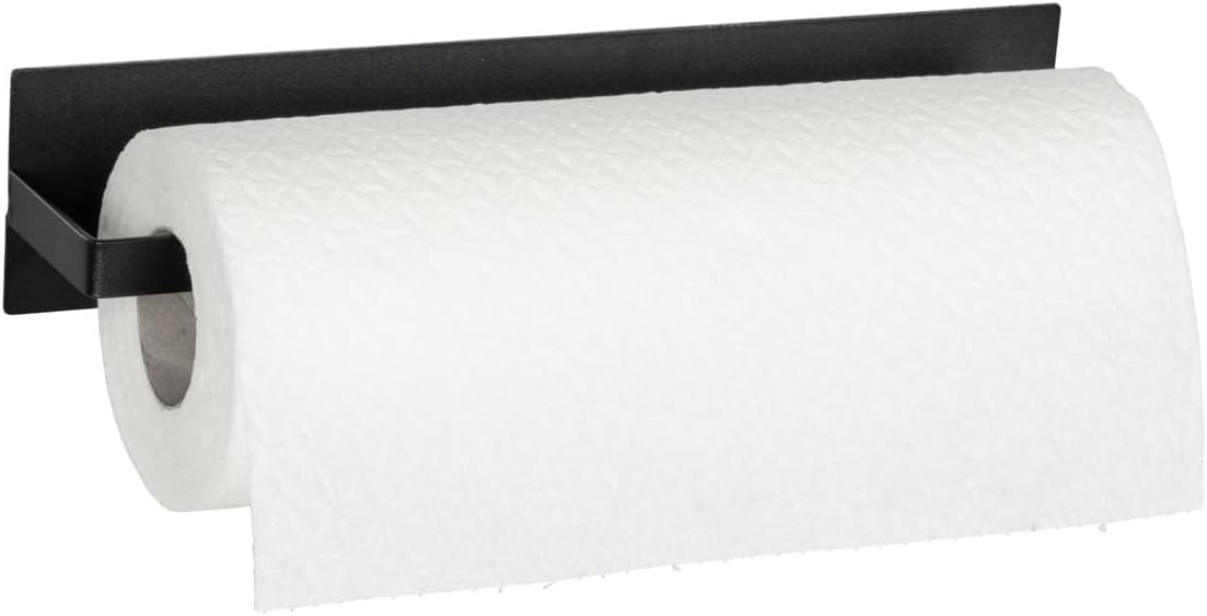 Wenko 55013100 Portarotolo di carta magnetico Ima,supporto per il rotolo da cucina in metallo verniciato a polvere nero,fissaggio senza perforare mediante magnete o striscia adesiva inclusa,30x6,5x6cm