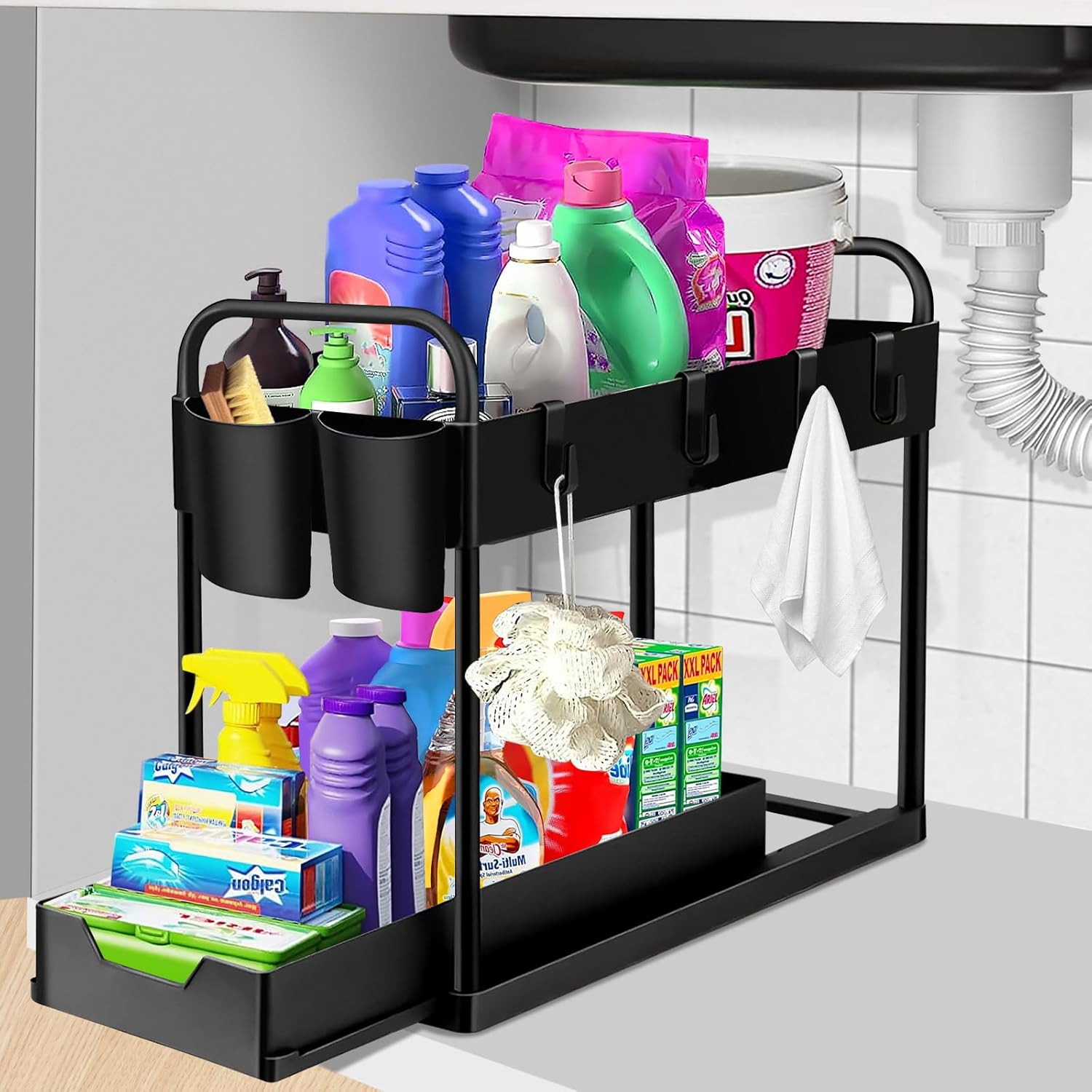 Wholede Organizer Cucina, Salvaspazio Accessori Cucina, Portaspezie con 4 Ganci e 2 Tazze, Organizzatore da Appoggio