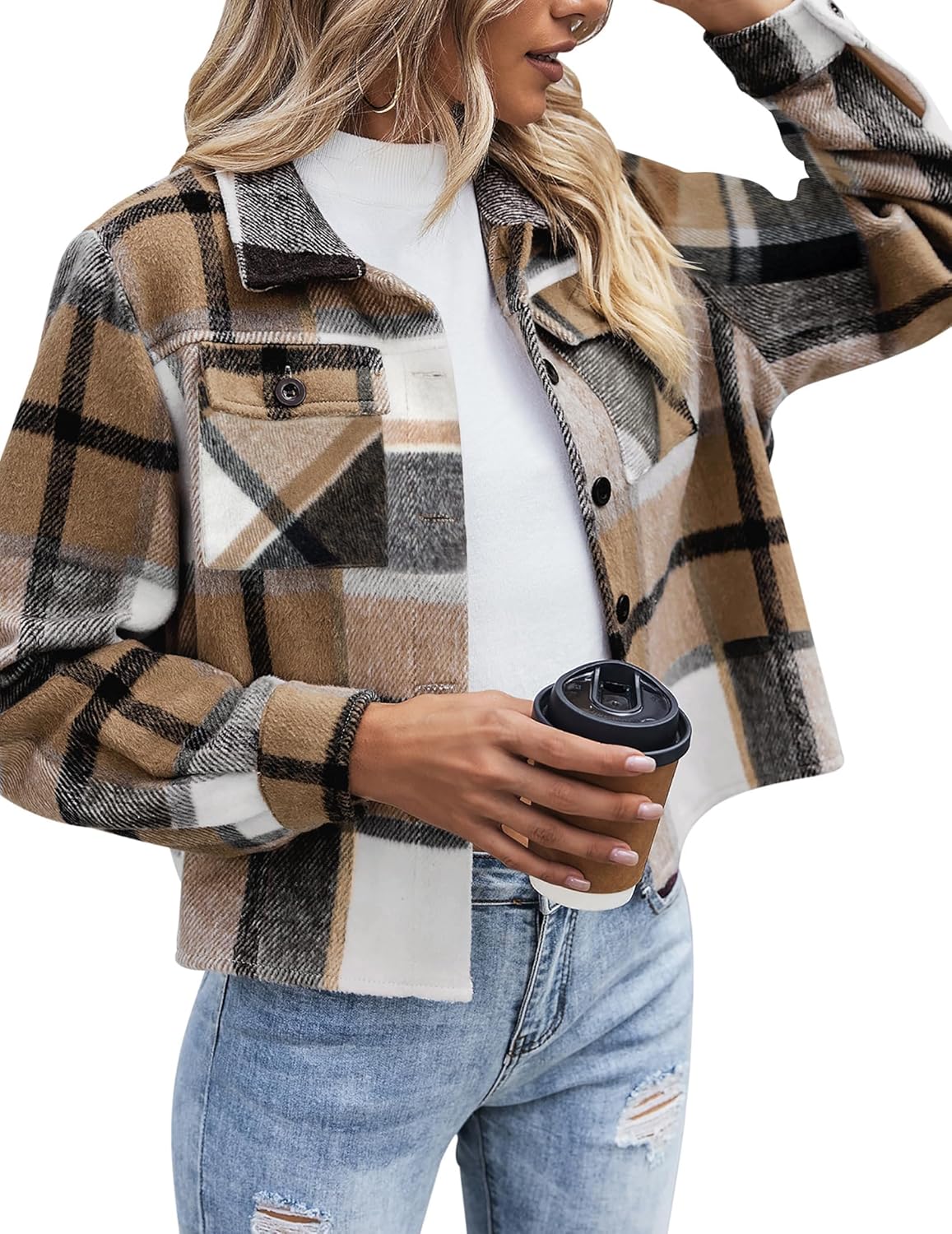 Zeagoo Giacca da donna in flanella a scacchi a maniche lunghe giacca corta risvolto button-down shacket cappotto