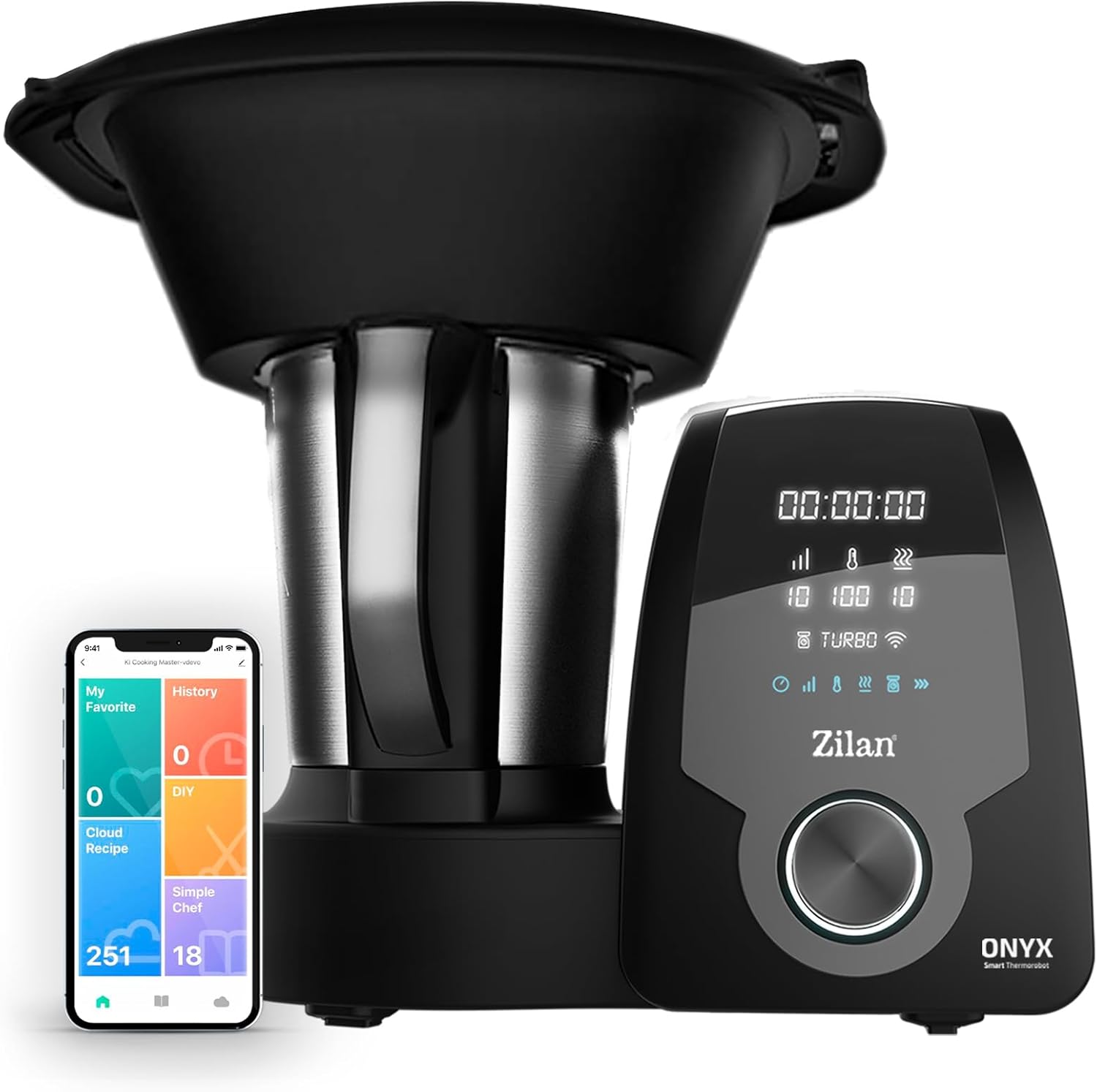 Zilan ONYX Thermo Robot, Robot da cucina multifunzione con Wi-Fi, 30 funzioni, display LED digitale, Bilancia incorporata, 3,3 L, 1700 W