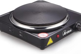 ARDES TIKAPPA AR1F19 - Electric Stove with 1 Griddle, 1500W, Adjustment Thermostat, Painted Steel, Cast Iron Plate, Plate Diameter 18.5 cm, Black, 23.5 x 23.5 x 7 cm
