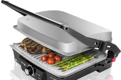 Cecotec Rock'nGrill 2000 Electric Grill - RockStone Non-Stick Coating - 180º - Height Adjustable, Cooking Surface 30 x 23.5 cm, Includes Grease Collector, 2000 W