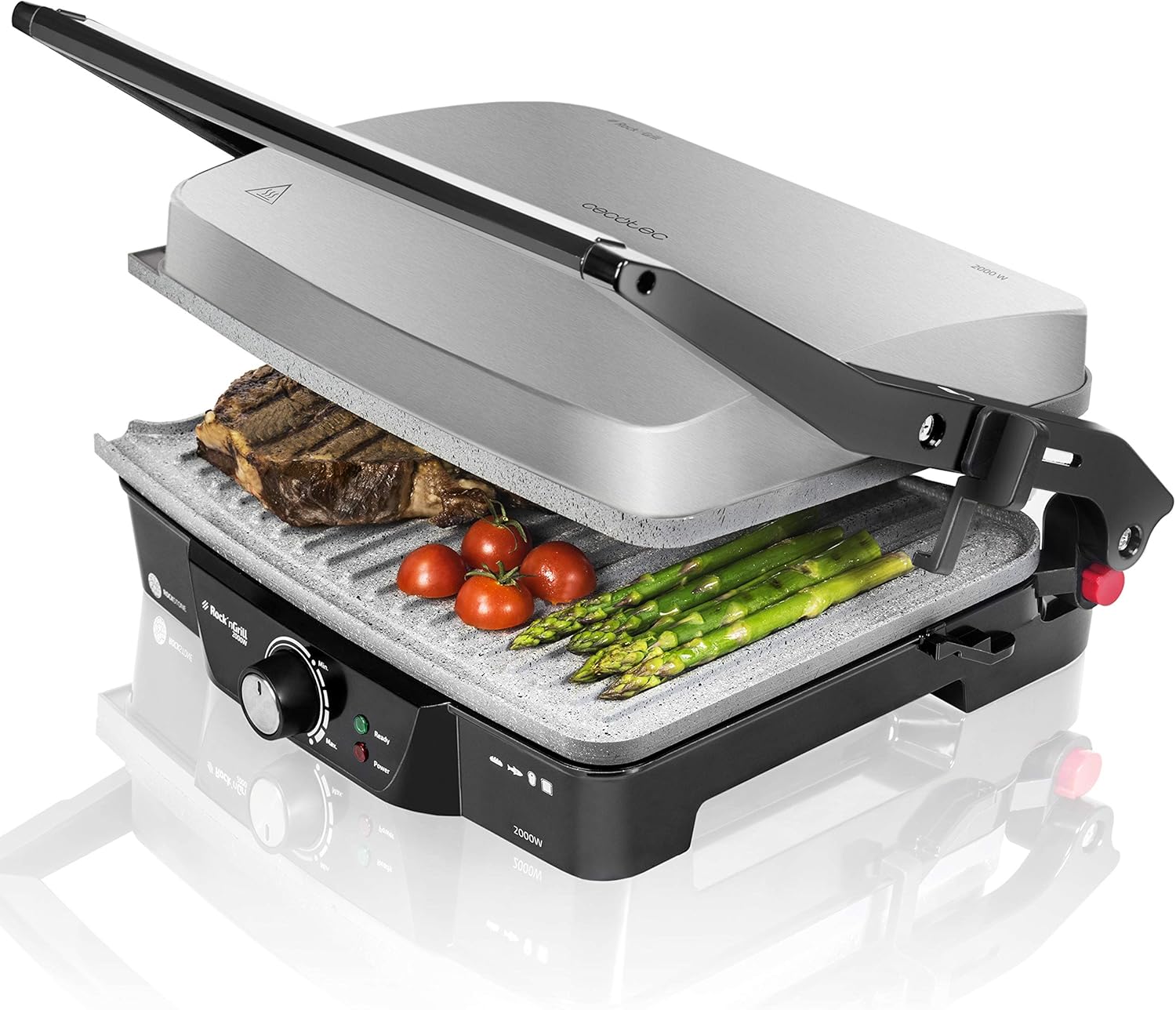 Cecotec Rock'nGrill 2000 Electric Grill - RockStone Non-Stick Coating - 180º - Height Adjustable, Cooking Surface 30 x 23.5 cm, Includes Grease Collector, 2000 W