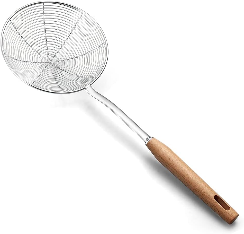 Strainer, Extra Large 20cm Spider Strainer with Wooden Handle, Stainless Steel Spider Strainer with Ladle for Cooking and Frying, Colander, Pasta Strainer