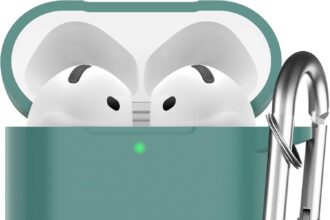 AirPods 4 Case 2024, Silicone Protective Case for AirPods 4th 2024 LED Visible Silicone Cover Front with Carabiner, Pine Green