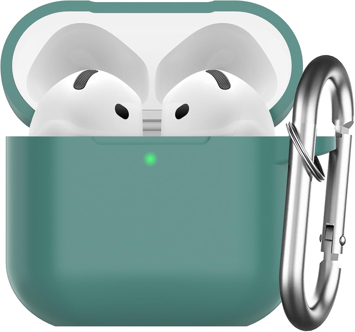 AirPods 4 Case 2024, Silicone Protective Case for AirPods 4th 2024 LED Visible Silicone Cover Front with Carabiner, Pine Green