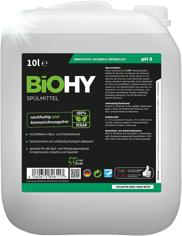 BiOHY Dishwashing Detergent (10 Litre Can) | Free from Harmful Chemicals and Biodegradable | Gloss and Grease Dissolving Formula (Spülmittel)
