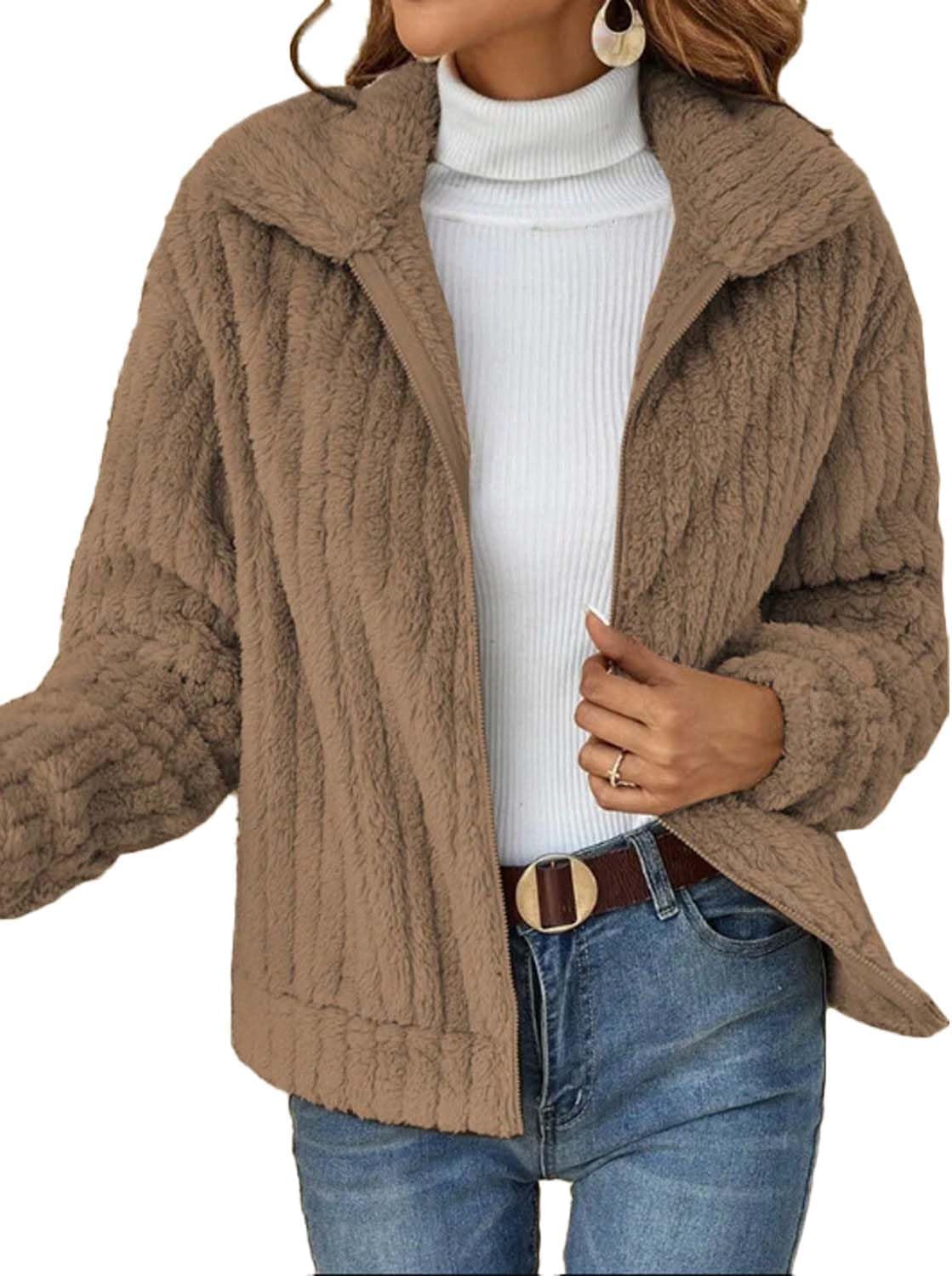Donna Cappotto Caldo di Peluche Risvolto Giacca Corta Autunno Inverno Cappotti Cerniera Cappotto con Tasche