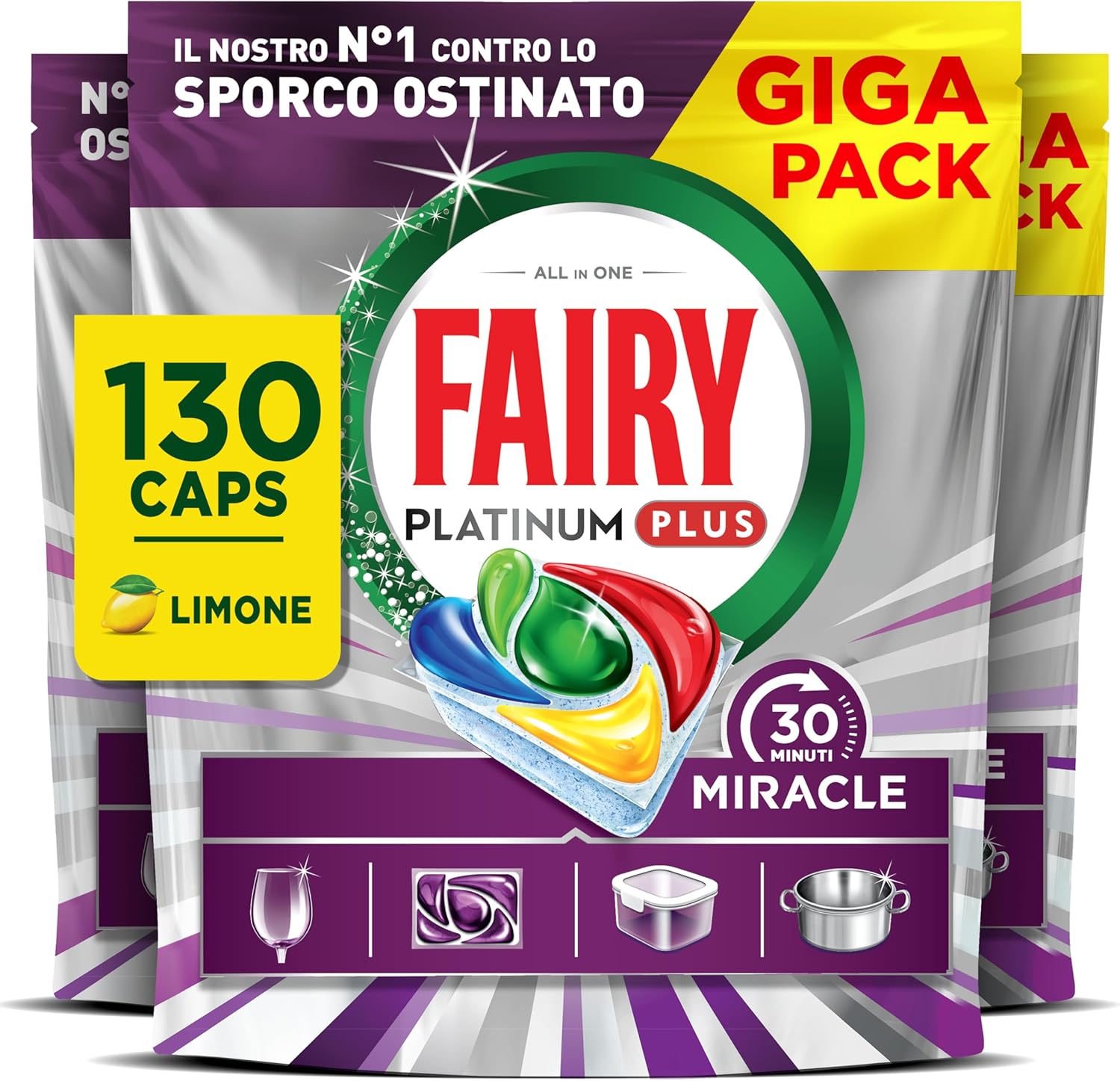 Fairy 30 Minutes Miracle Detergent Dishwasher Tablets, 130 Capsules, Lemon, Our No.1 Against Stubborn Dirt, Powerful Even In Short Cycles, Mega Pack