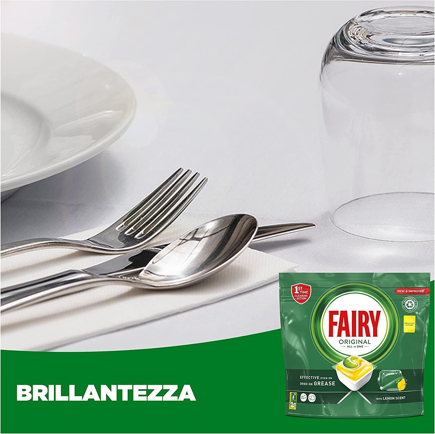 Fairy Original All In One Dishwasher Capsules, Lemon, 132 Capsules, Effective Even On Crusted Grease