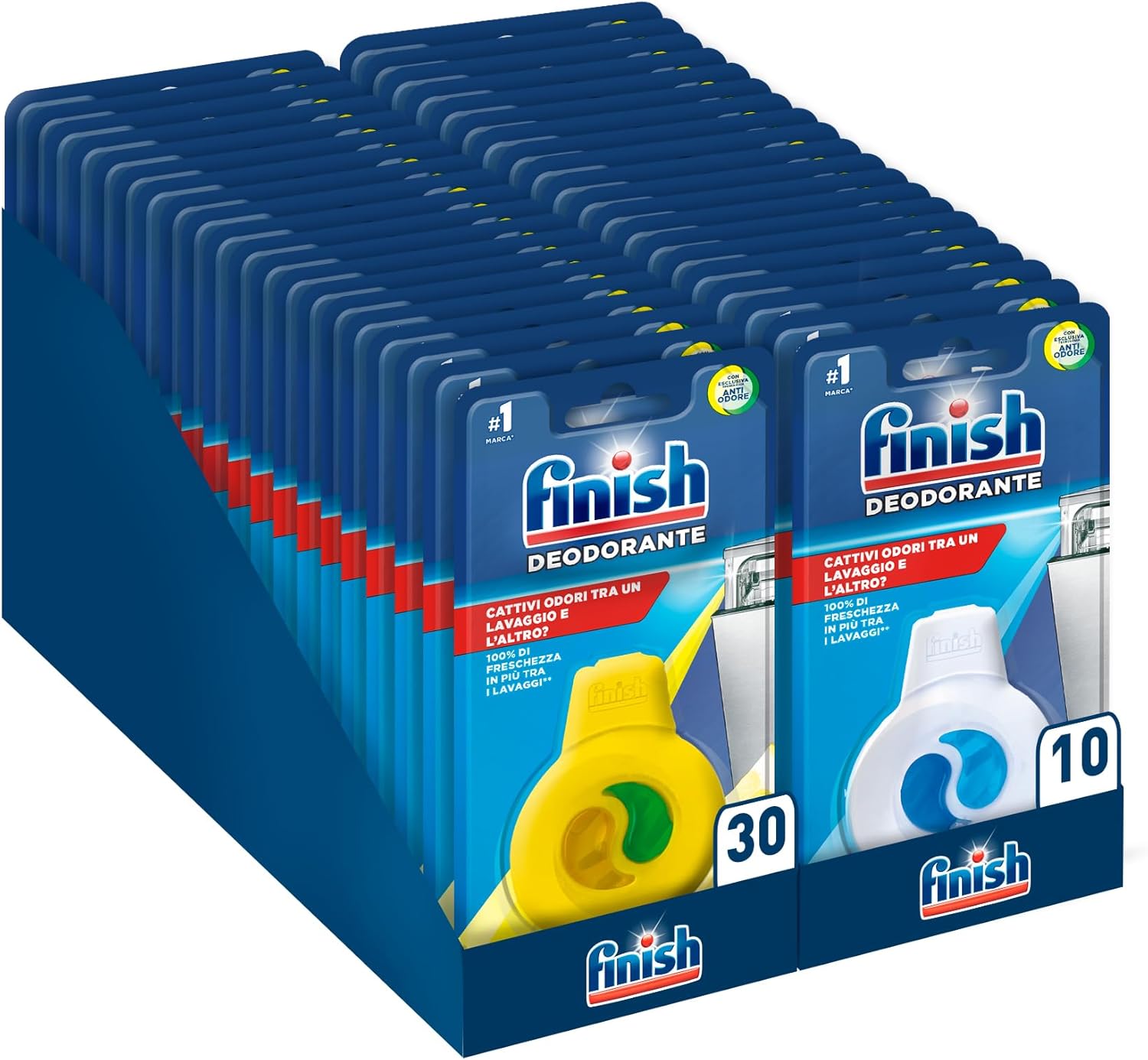 Finish Dishwasher Additive, Pack of 40 x 4 ml Deodorant for Dishwashers, Mixed Case Set of 10 Deo Odorstop Fresh Scent, 30 Lemon and Lime