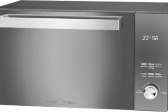 ProfiCook PC-MWG 1204 Microwave Oven with Grill, 23 Litres, 800 Watt Microwave Power, 1000 Watt, Vertical Double Glazing Door with High-Quality Stainless Steel Handle