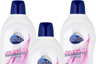 CARE + PROTECT Dishwasher Gel All in One: Degreaser, Brightener, Salt, Odour Neutralizer. Extra Powerful on Grease and Dirt, Active in Short Cycles. Pack of 3 x 750 ml