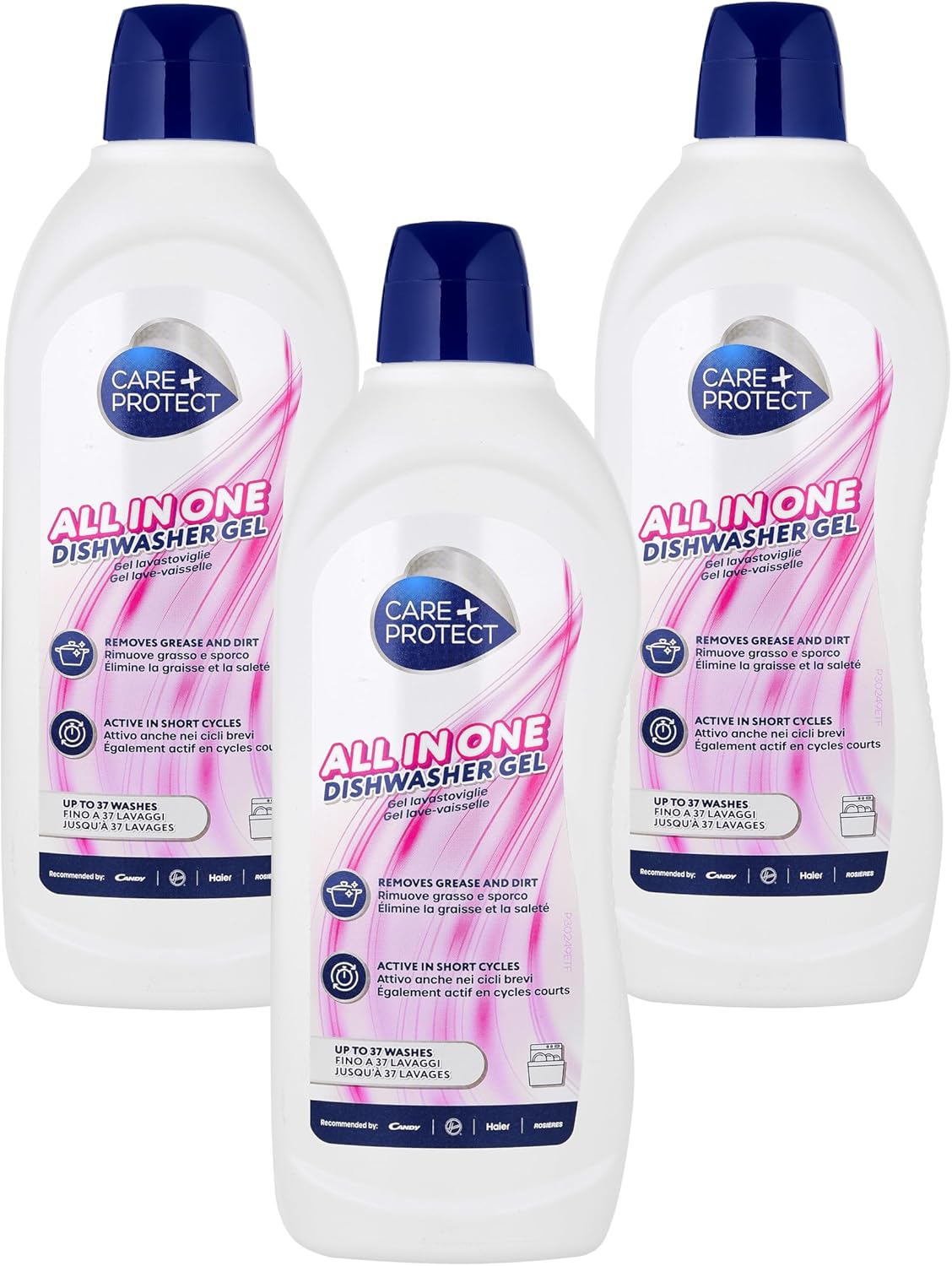 CARE + PROTECT Dishwasher Gel All in One: Degreaser, Brightener, Salt, Odour Neutralizer. Extra Powerful on Grease and Dirt, Active in Short Cycles. Pack of 3 x 750 ml