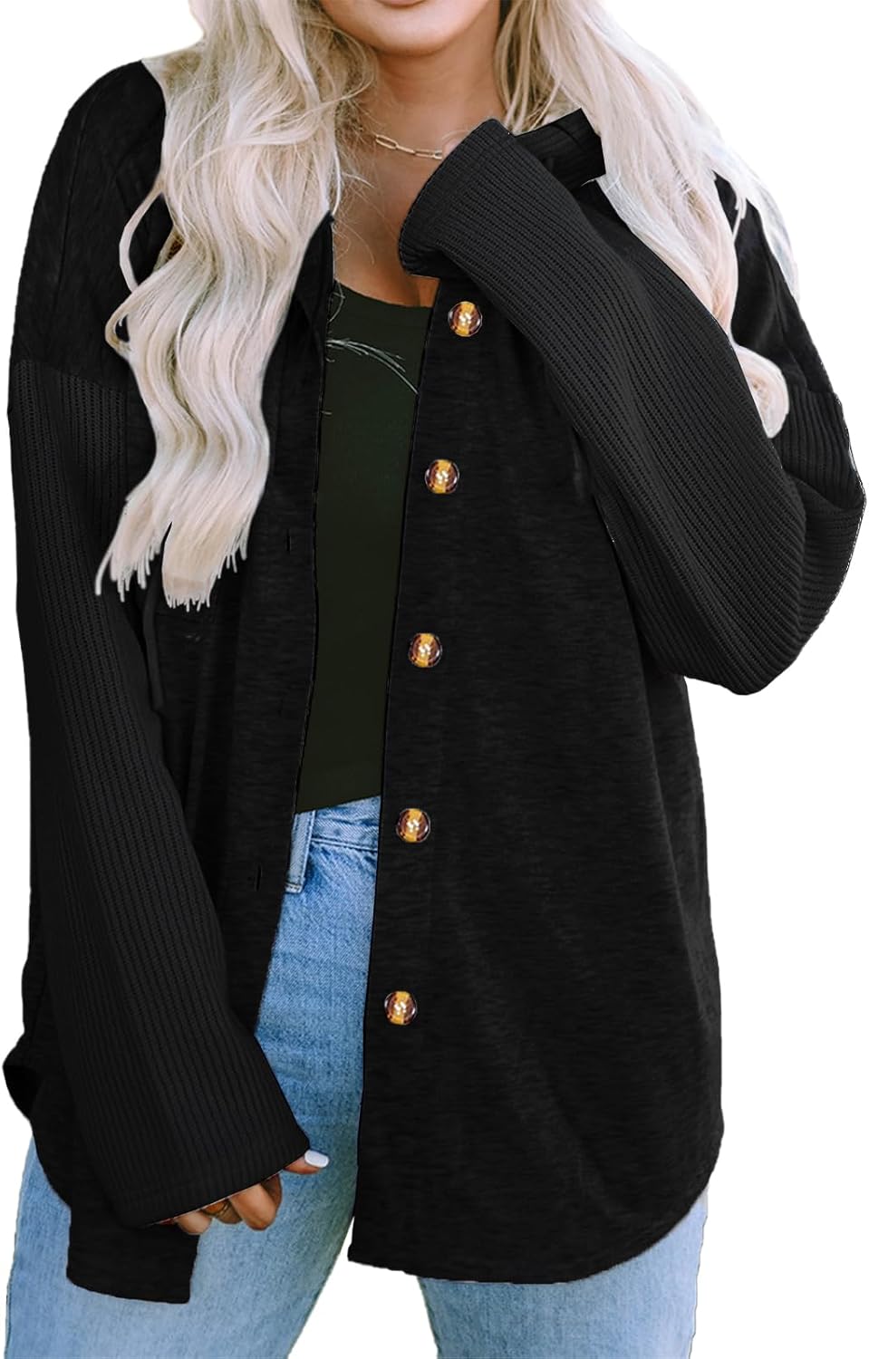 OUSIMEN Women Coats Casual Hooded Shacket Jacket Long Sleeve Button Down Shirts Blouses Autumn Winter Tops