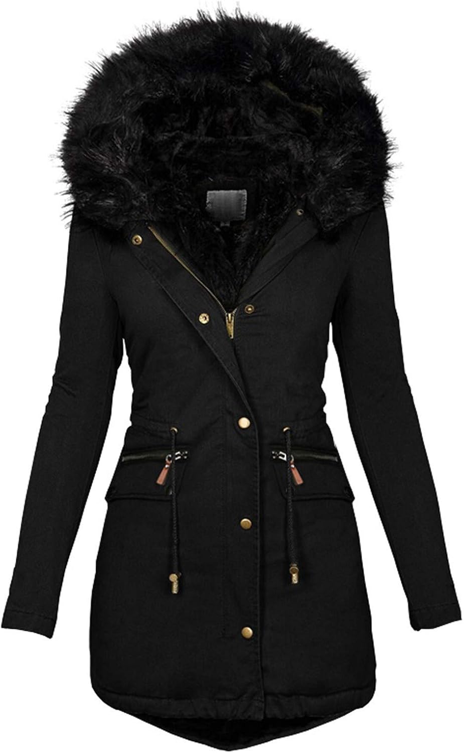 Women's Winter Long Parka Jacket Hooded Elegant Thermal Plush Coats Curvy Warm Fur Trench Windproof Teddy Jacket with Zip and Pockets Plus Size