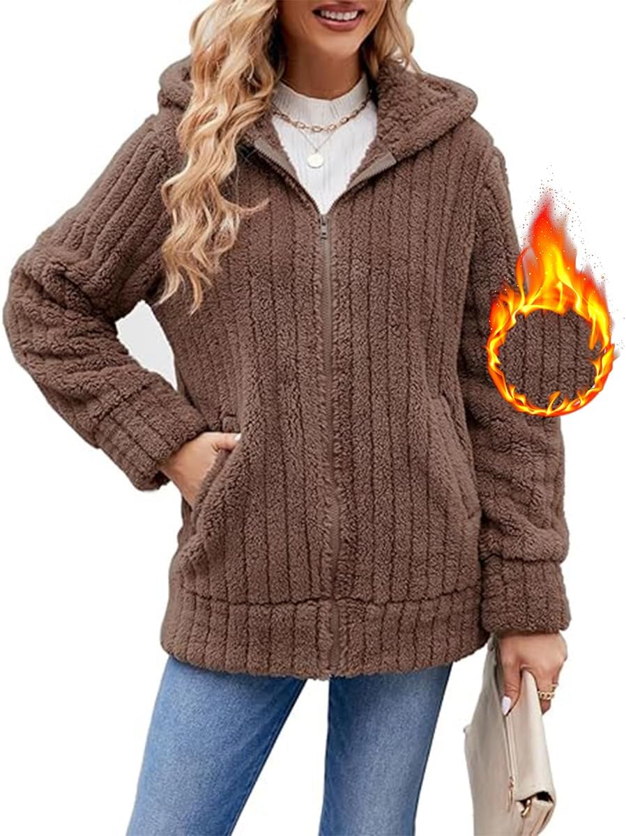 Yeenily Women's Hooded Long Sleeve Zip Warm Jacket Casual Loose Plush Outerwear