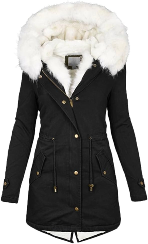 Women's Winter Long Jacket - Warm Coat with Hood Winter Parka with Zip - Slim Fit Plush Jacket with Drawstring and Pockets