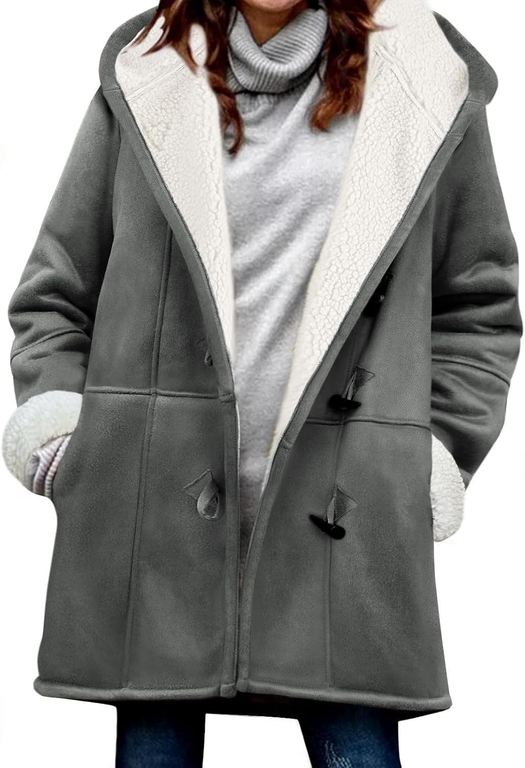 Vancavoo Women's Winter Coat Jacket with Hood Warm Casual Jacket Elegant Coats Medium Long Sweatshirt Cardigan with Pockets