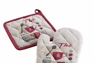 douceur d'intérieur, Oven Glove and Pot Holder (18 x 28 cm/20 x 20 cm), Printed Cotton