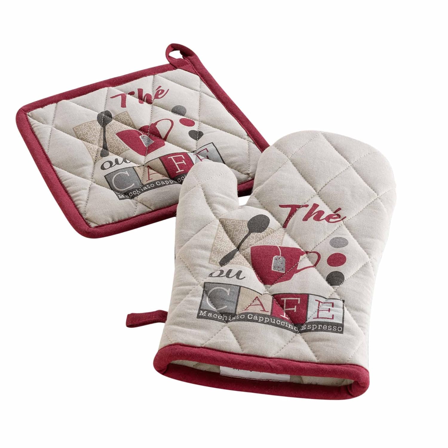 douceur d'intérieur, Oven Glove and Pot Holder (18 x 28 cm/20 x 20 cm), Printed Cotton