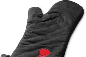 Weber Guanto da Barbecue - Lungo, Guanto Nero con Motivo Superficie di Cottura a Sfera Rosso Ricamato, Protegge Le Mani dal Calore - Nero (6472)