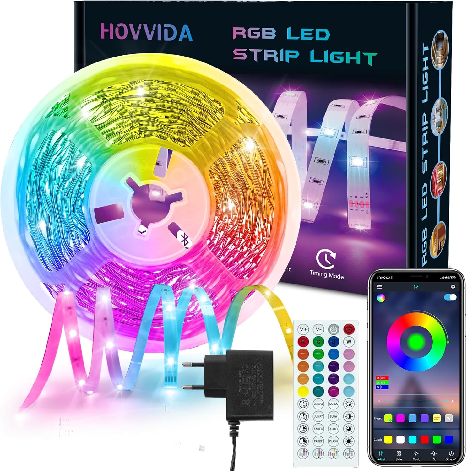 HOVVIDA 10M 30 LED/Metre, 1x10M, 24V RGB LED Strip Light, 300 LEDs, APP and Remote Control, Music Mode, LED for Room, Living Room, Kitchen, Bedroom, Bar, Party