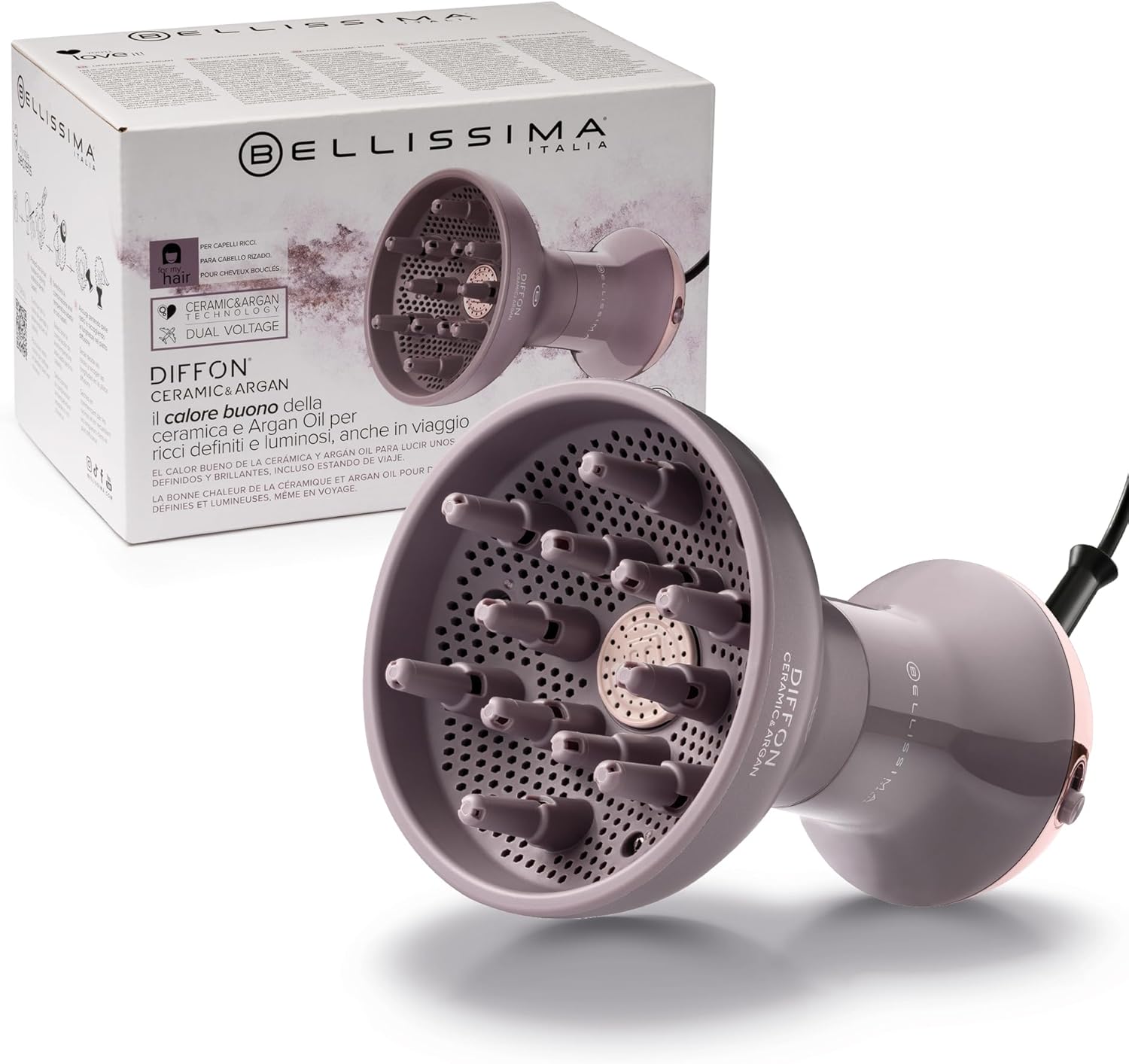 Bellissima Imetec Diffon Ceramic & Argan: Diffusore per Capelli Ricci con Olio di Argan per Ricci Definiti, Luminosi e Idratati – Azione Anti-Crespo, Asciugatura Delicata, Doppio Voltaggio