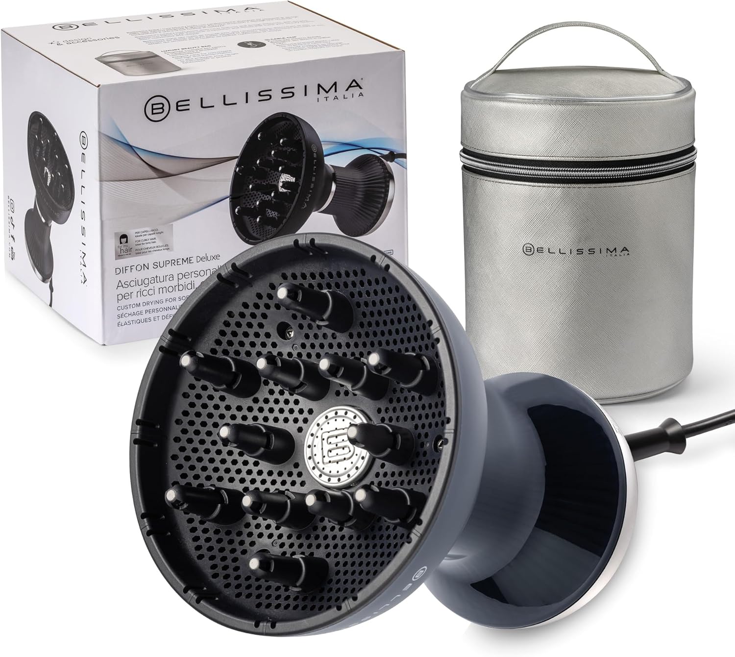 BELLISSIMA Imetec, Diffon Supreme Deluxe, Diffusore ad Aria per Capelli Ricci, Tecnologia Ceramica e Cheratina, Diffusore XL, 3 Temperature + Ionizzatore, Asciugatura Delicata, Luxury Bag