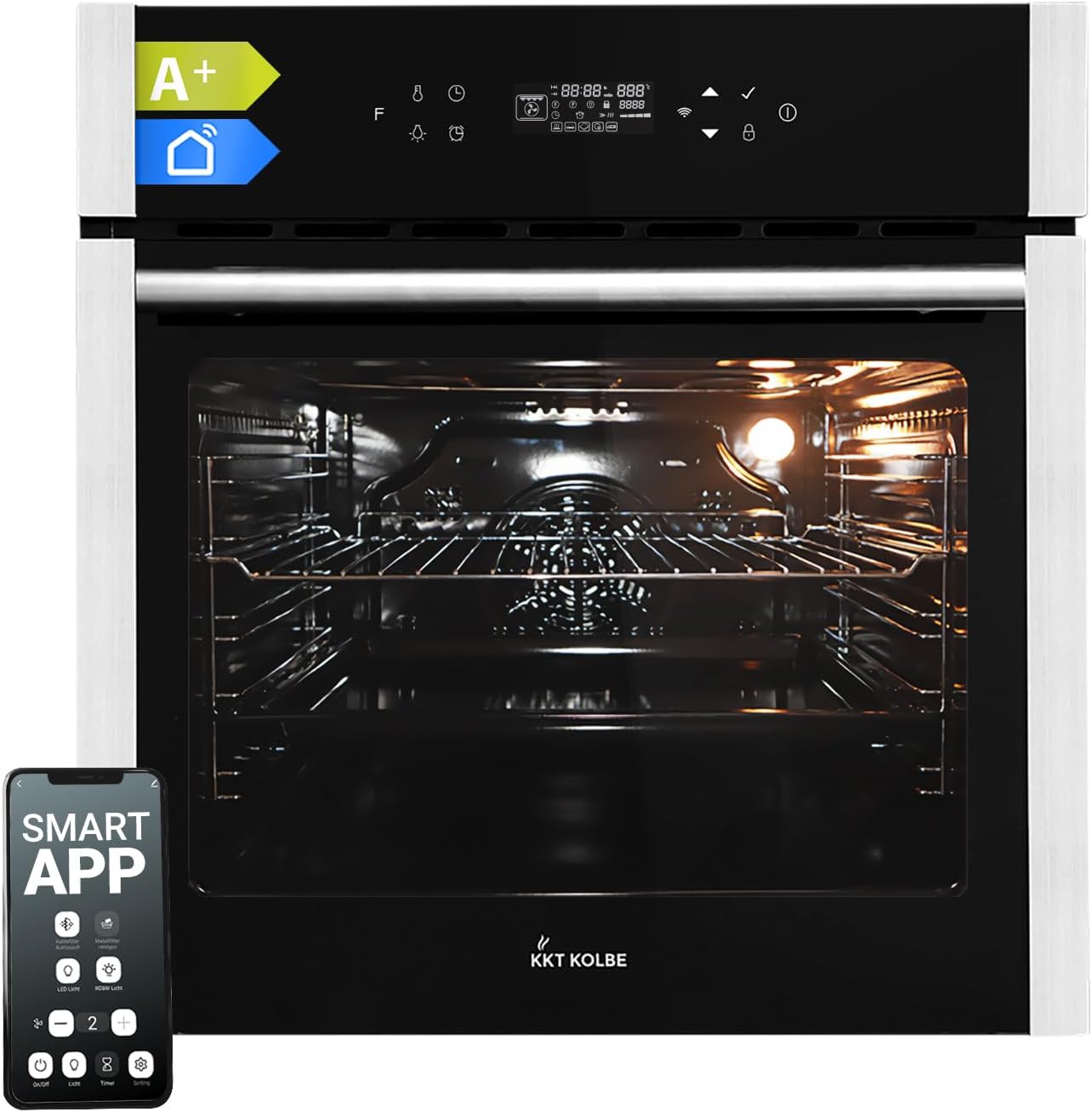 KKT KOLBE Forno da incasso 60 cm 70 L, 2,8 kW, rosticceria con spiedo (barbecue), aria ventilata, controllo via app Wi‑Fi, timer automatico, EB8313HC