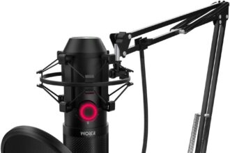 KROM Kit Microfono Streaming KAPSULE -NXKROMKPSL- Microfono Unidirezionale con Due Condensatori a Capsula, audio 3.5mm, supporto anti-shock e filtro pop, Nero