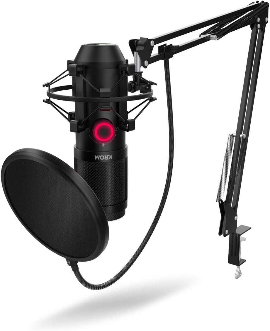 KROM Kit Microfono Streaming KAPSULE -NXKROMKPSL- Microfono Unidirezionale con Due Condensatori a Capsula, audio 3.5mm, supporto anti-shock e filtro pop, Nero