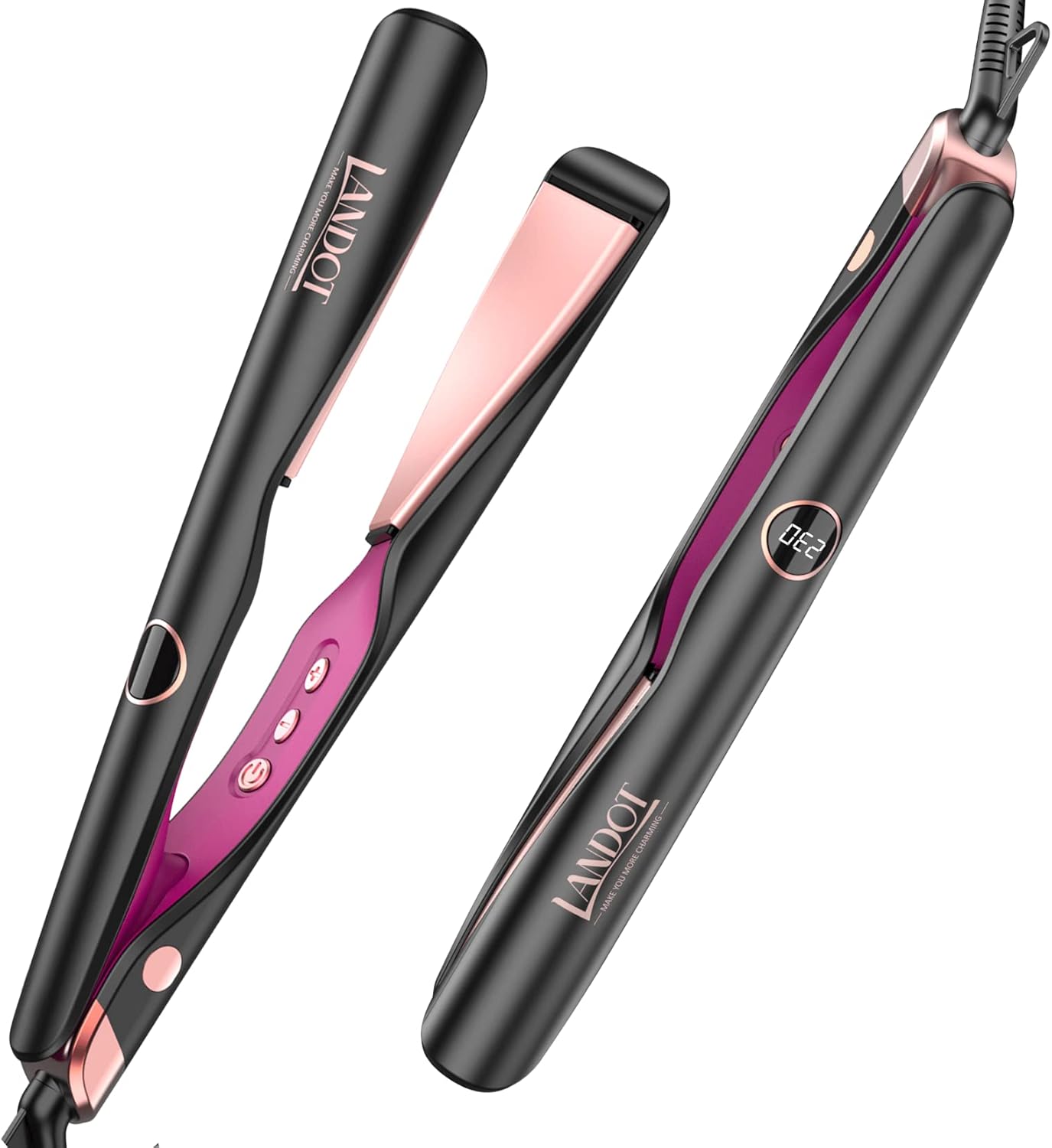 LANDOT Hair Curling Iron Two In One: Curve And Wavy Plates That Allow Curly Or Smooth Styling - Professional Straight Hair Straightener 120-230°C