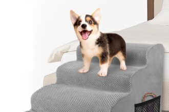 MASTERTOP 4 Step Dog Stairs in High Density Sponge, Non-Slip Pet Ladder, Puppy Sponge Ladder for Sofa Bed with Removable Cover (Grey)