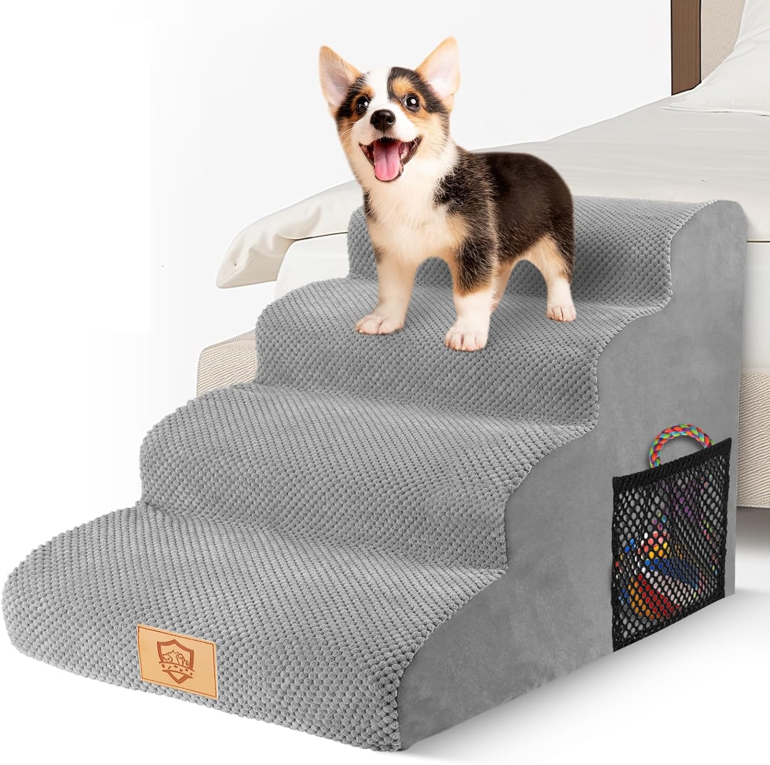 MASTERTOP 4 Step Dog Stairs in High Density Sponge, Non-Slip Pet Ladder, Puppy Sponge Ladder for Sofa Bed with Removable Cover (Grey)