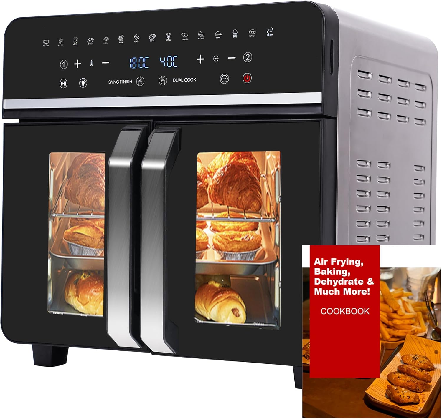 Mini Air Oven 23 Litres, Emphsism Double Basket Air Fryer 1800W, Airfryer with LED Touch Screen, 15 Preset Functions, 11 Accessories and 1 Recipe Book
