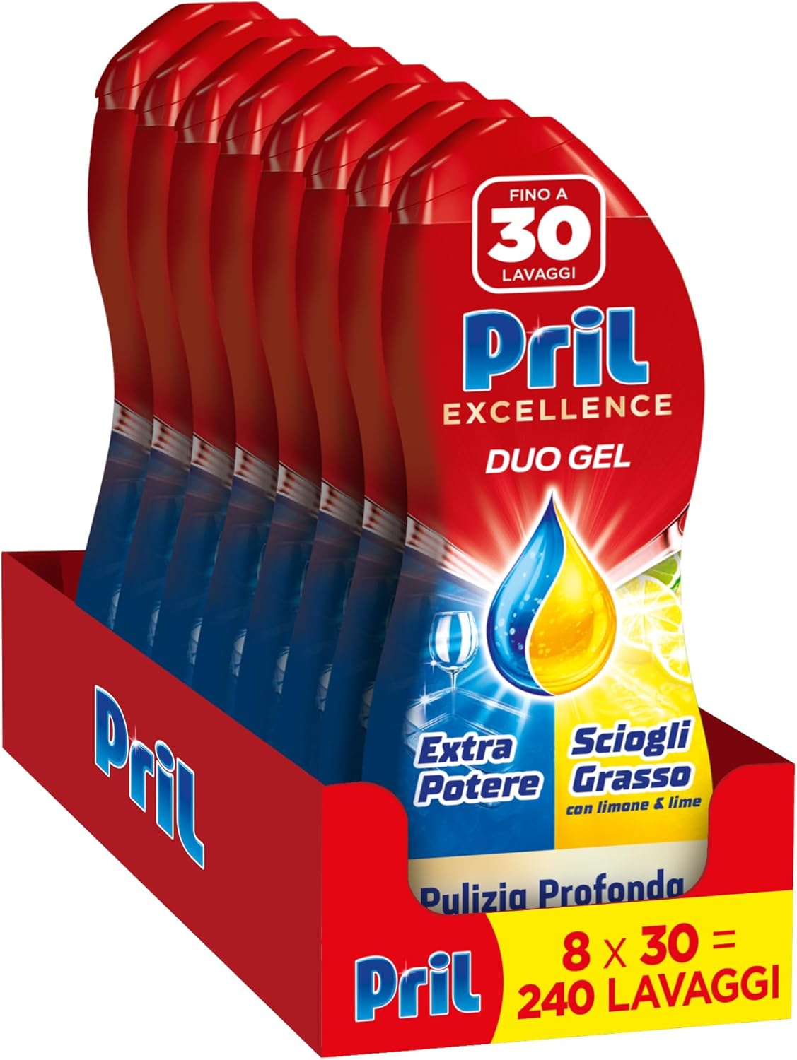 Pril Duo Gel Dishwasher Detergent, Grease Melter Action with Lemon, Format of 8 Packs of 30 Washes, Total 240 Washes